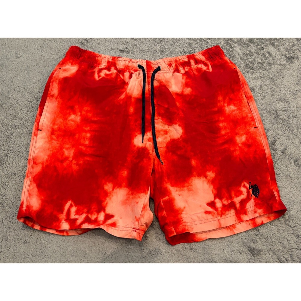 US Polo Assn Mens Red Tie Dye Swim Trunks Mesh Lined Shorts Size Large